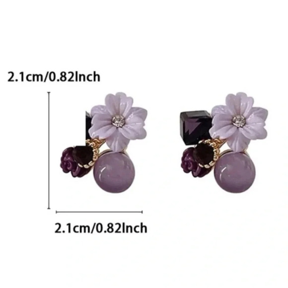 1 LEFT! Purple Flower And Crystal Stud Earrings - Picture 3 of 4